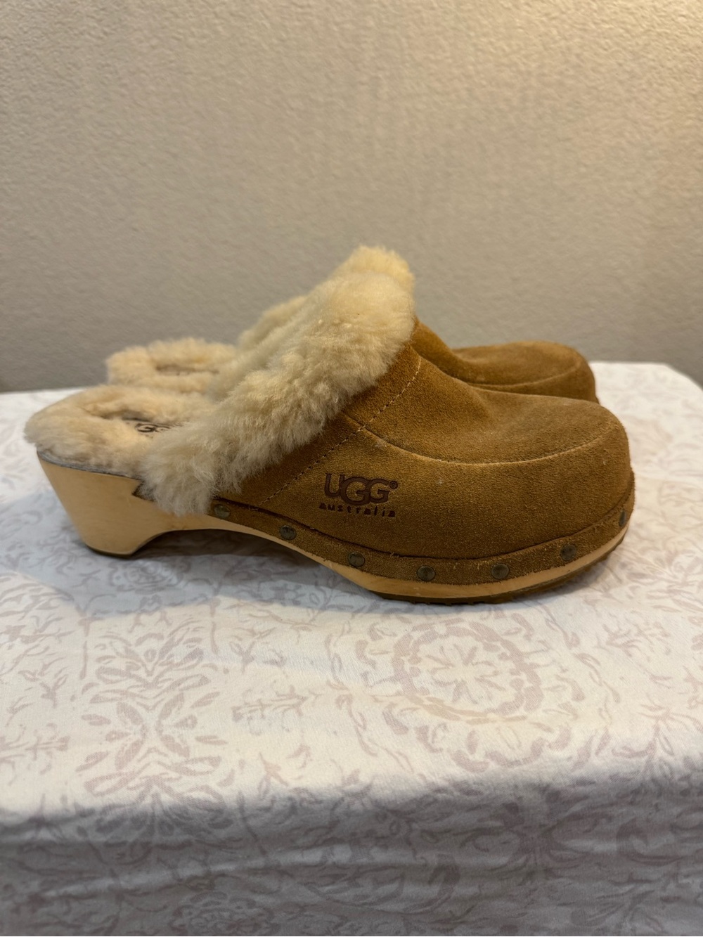 UGG Chestnut Suede Shearling Clog Mules